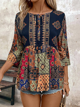Camisa de estilo vintage para vacaciones de mujer con cuello redondo y estampado