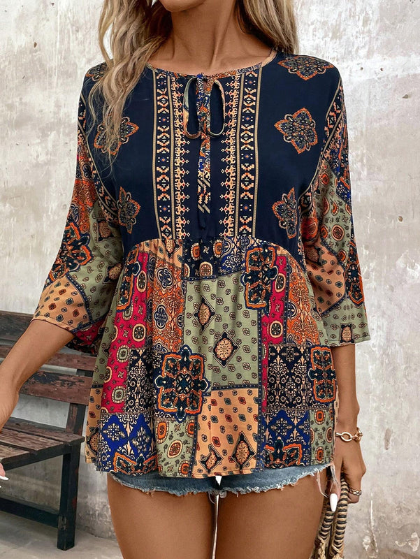 Camisa de estilo vintage para vacaciones de mujer con cuello redondo y estampado