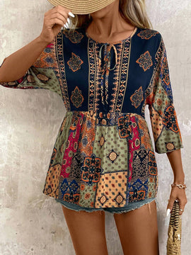 Camisa de estilo vintage para vacaciones de mujer con cuello redondo y estampado