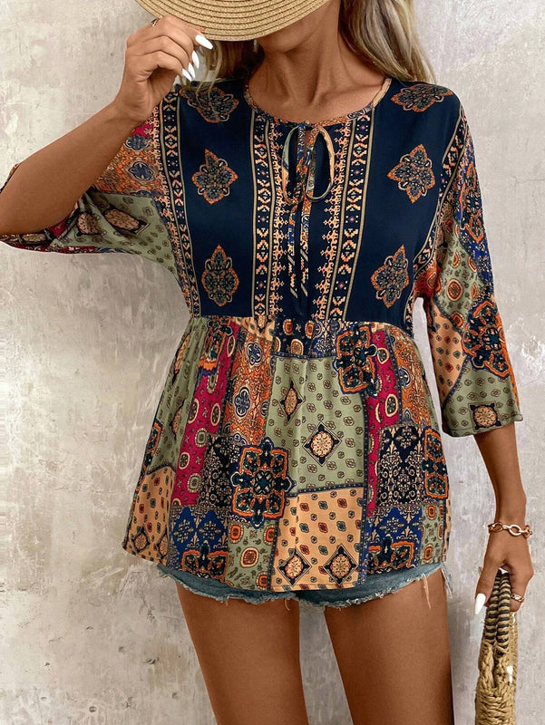 Camisa de estilo vintage para vacaciones de mujer con cuello redondo y estampado