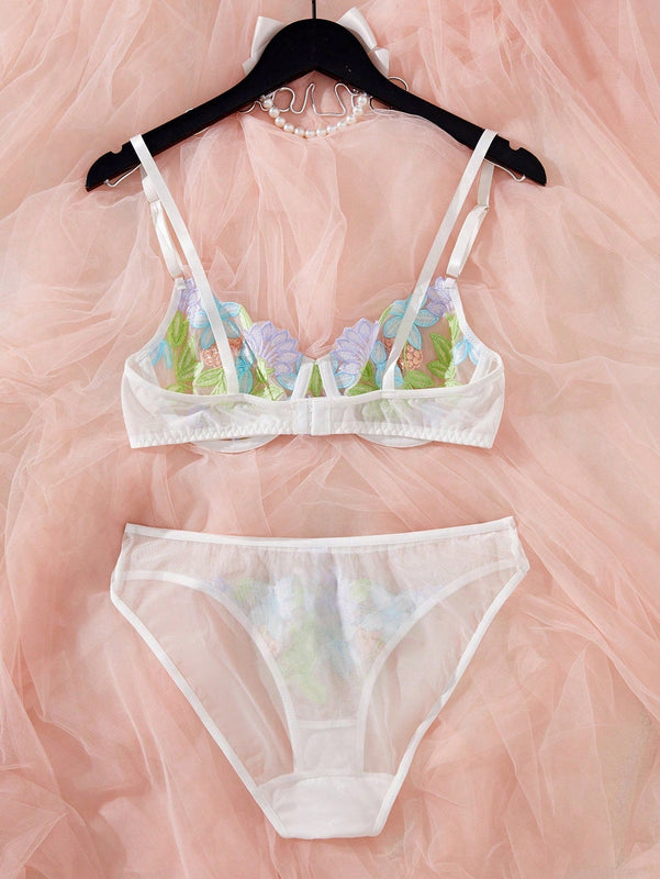 Conjunto de lenceria bordado en colorido para mujer, 2 piezas/Conjunto