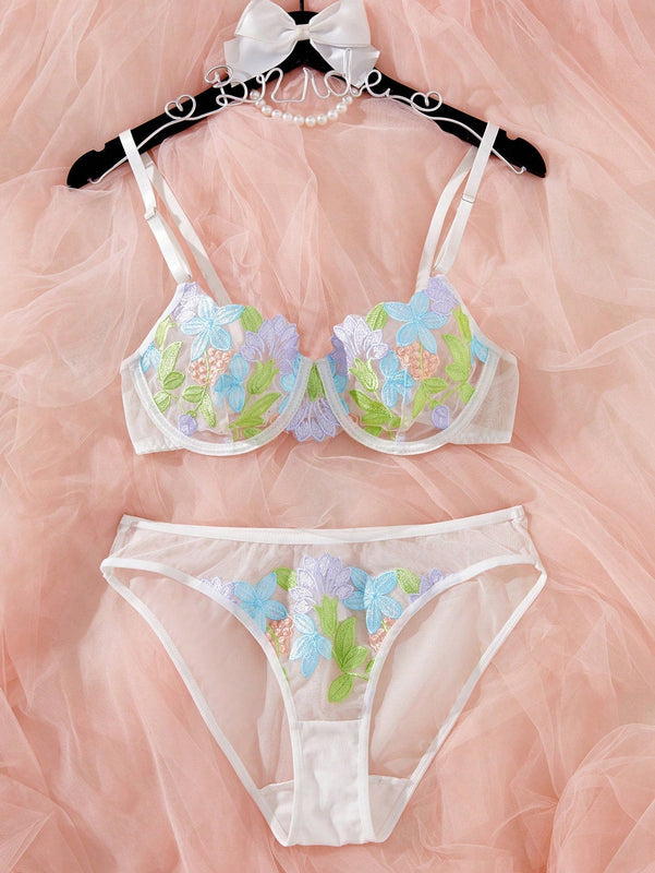 Conjunto de lenceria bordado en colorido para mujer, 2 piezas/Conjunto