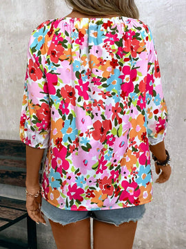 Camisa floral Ditsy de 3/4 con cuello redondo para mujer (impresion aleatoria)