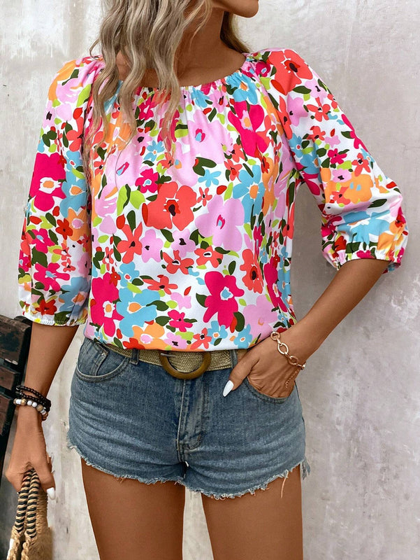 Camisa floral Ditsy de 3/4 con cuello redondo para mujer (impresion aleatoria)