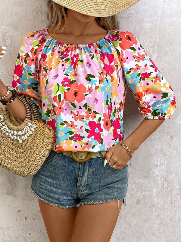 Camisa floral Ditsy de 3/4 con cuello redondo para mujer (impresion aleatoria)