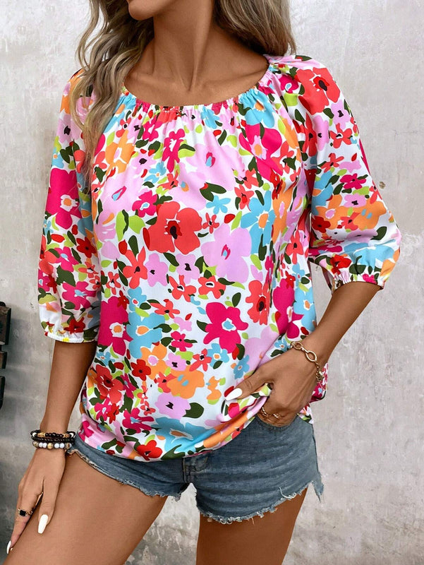 Camisa floral Ditsy de 3/4 con cuello redondo para mujer (impresion aleatoria)