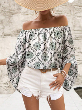 Blusa de hombros descubiertos con estampado de estilo retro para mujer, prenda diaria simple