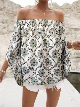 Blusa de hombros descubiertos con estampado de estilo retro para mujer, prenda diaria simple