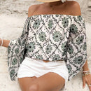 Blusa de hombros descubiertos con estampado de estilo retro para mujer, prenda diaria simple