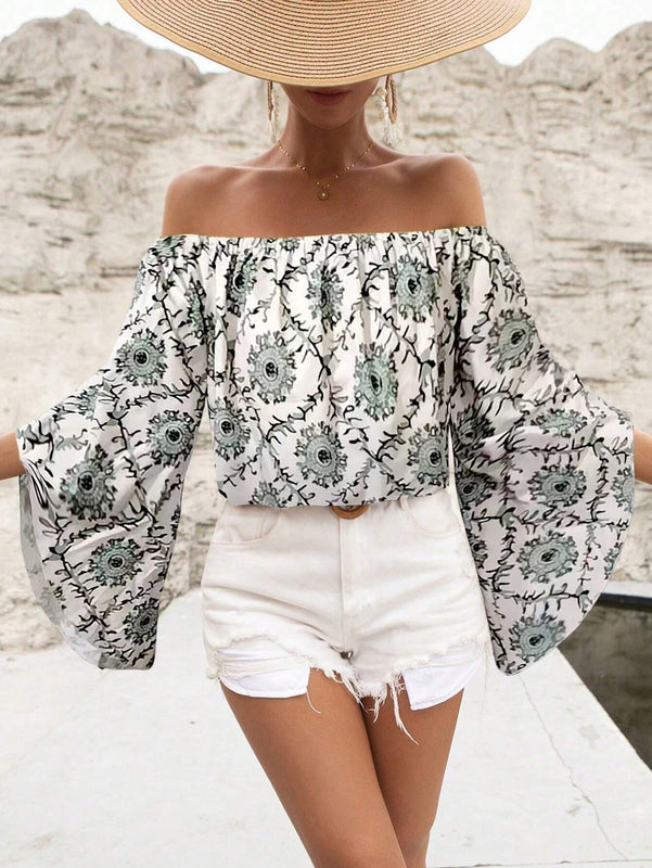 Blusa de hombros descubiertos con estampado de estilo retro para mujer, prenda diaria simple