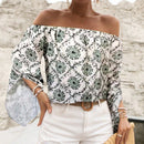 Blusa de hombros descubiertos con estampado de estilo retro para mujer, prenda diaria simple