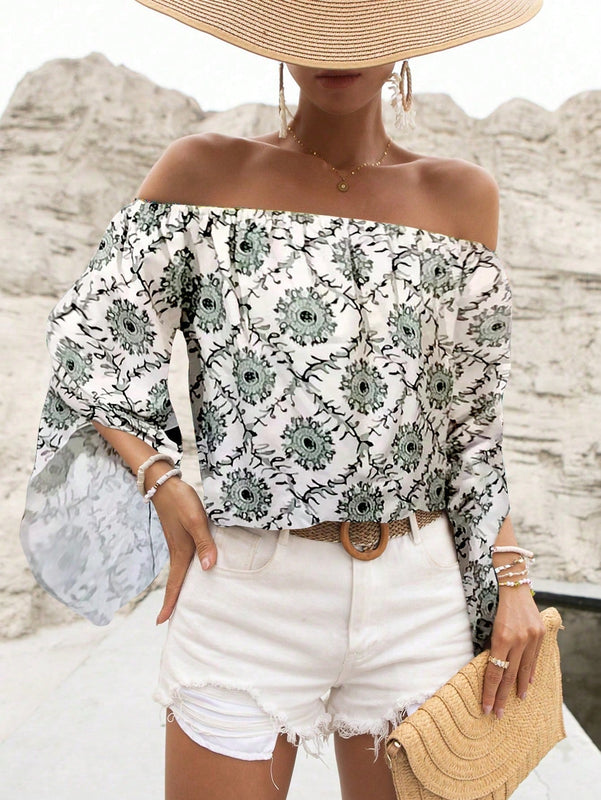 Blusa de hombros descubiertos con estampado de estilo retro para mujer, prenda diaria simple