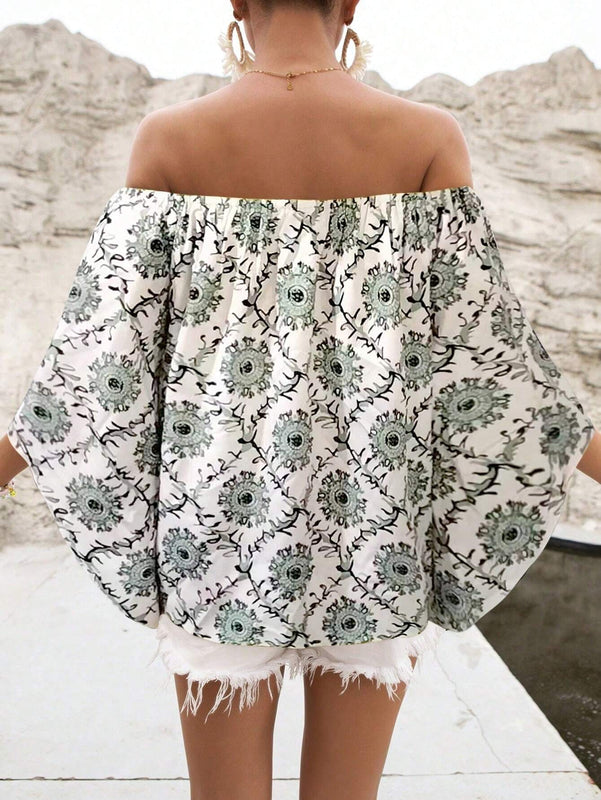 Blusa de hombros descubiertos con estampado de estilo retro para mujer, prenda diaria simple