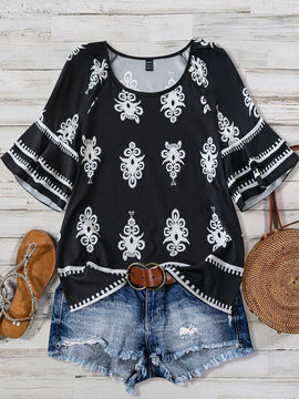 Camisa de mujer de manga corta estampada casual, estilo sencillo