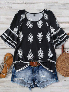 Camisa de mujer de manga corta estampada casual, estilo sencillo