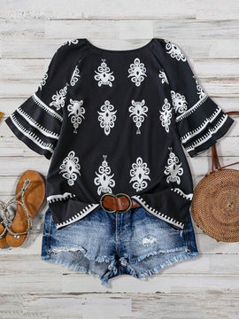 Camisa de mujer de manga corta estampada casual, estilo sencillo