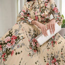 Mulvari elegante vestido largo con mangas tipo linterna con estampado floral, ruedo de volantes, corbata de collar, primavera / verano