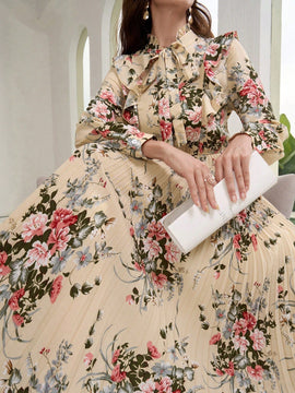 Mulvari elegante vestido largo con mangas tipo linterna con estampado floral, ruedo de volantes, corbata de collar, primavera / verano