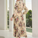 Mulvari elegante vestido largo con mangas tipo linterna con estampado floral, ruedo de volantes, corbata de collar, primavera / verano