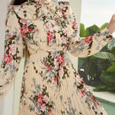 Mulvari elegante vestido largo con mangas tipo linterna con estampado floral, ruedo de volantes, corbata de collar, primavera / verano
