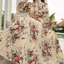 Mulvari elegante vestido largo con mangas tipo linterna con estampado floral, ruedo de volantes, corbata de collar, primavera / verano