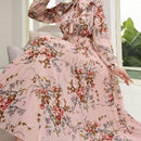 Mulvari elegante vestido largo con mangas tipo linterna con estampado floral, ruedo de volantes, corbata de collar, primavera / verano