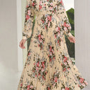 Mulvari elegante vestido largo con mangas tipo linterna con estampado floral, ruedo de volantes, corbata de collar, primavera / verano