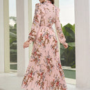 Mulvari elegante vestido largo con mangas tipo linterna con estampado floral, ruedo de volantes, corbata de collar, primavera / verano