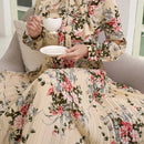 Mulvari elegante vestido largo con mangas tipo linterna con estampado floral, ruedo de volantes, corbata de collar, primavera / verano