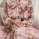 Mulvari elegante vestido largo con mangas tipo linterna con estampado floral, ruedo de volantes, corbata de collar, primavera / verano