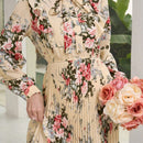 Mulvari elegante vestido largo con mangas tipo linterna con estampado floral, ruedo de volantes, corbata de collar, primavera / verano