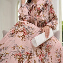 Mulvari elegante vestido largo con mangas tipo linterna con estampado floral, ruedo de volantes, corbata de collar, primavera / verano
