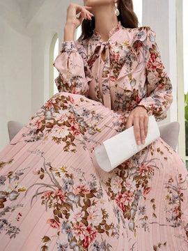 Mulvari elegante vestido largo con mangas tipo linterna con estampado floral, ruedo de volantes, corbata de collar, primavera / verano