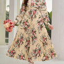 Mulvari elegante vestido largo con mangas tipo linterna con estampado floral, ruedo de volantes, corbata de collar, primavera / verano
