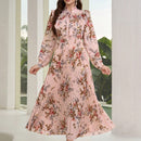 Mulvari elegante vestido largo con mangas tipo linterna con estampado floral, ruedo de volantes, corbata de collar, primavera / verano