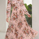 Mulvari elegante vestido largo con mangas tipo linterna con estampado floral, ruedo de volantes, corbata de collar, primavera / verano
