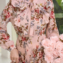 Mulvari elegante vestido largo con mangas tipo linterna con estampado floral, ruedo de volantes, corbata de collar, primavera / verano