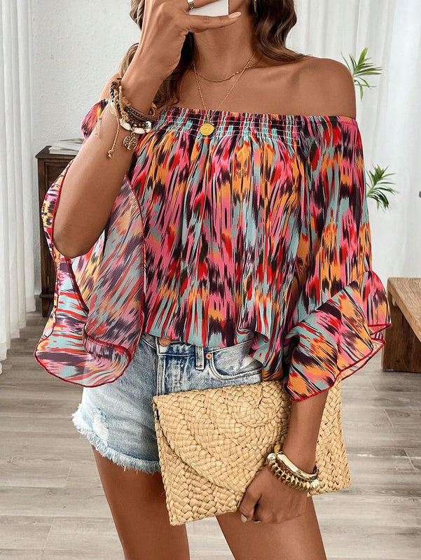 Camisa de chiffon suelta para mujeres con mangas anchas y cuello barco