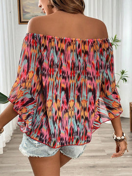 Camisa de chiffon suelta para mujeres con mangas anchas y cuello barco