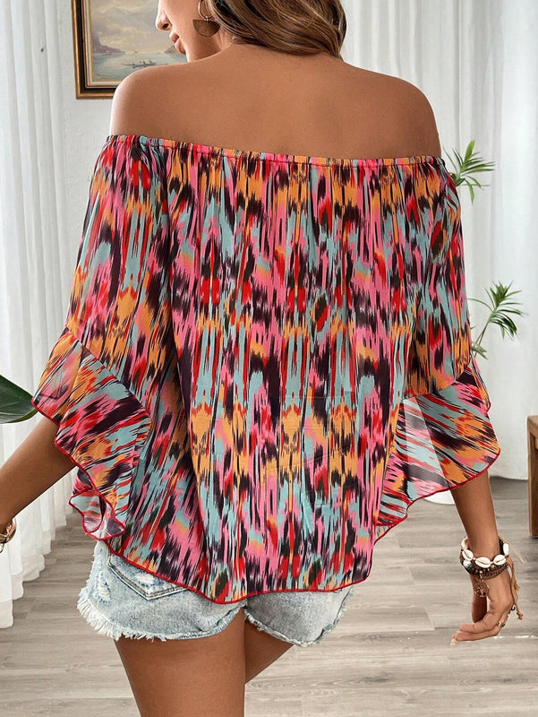 Camisa de chiffon suelta para mujeres con mangas anchas y cuello barco