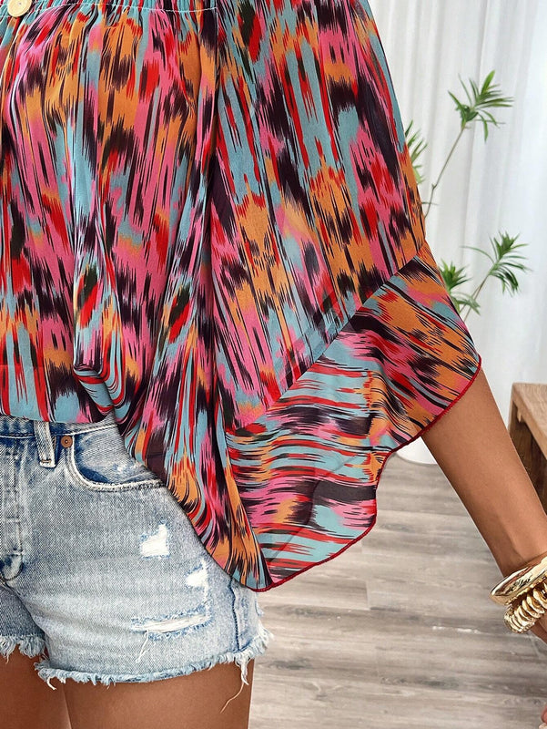 Camisa de chiffon suelta para mujeres con mangas anchas y cuello barco