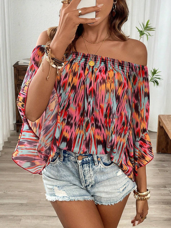 Camisa de chiffon suelta para mujeres con mangas anchas y cuello barco