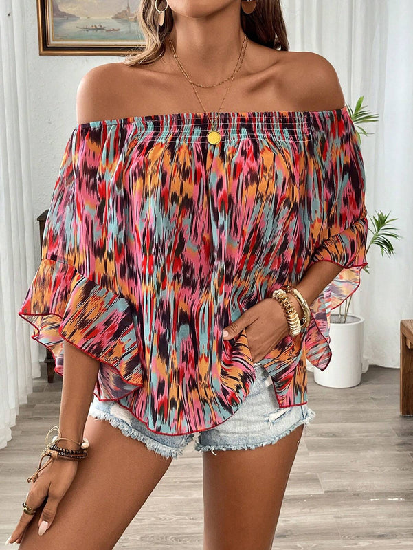 Camisa de chiffon suelta para mujeres con mangas anchas y cuello barco