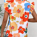 Camisa casual de verano con escote en V con muescas y dobladillo de encaje plisado con estampado floral