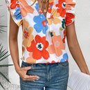 Camisa casual de verano con escote en V con muescas y dobladillo de encaje plisado con estampado floral