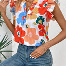 Camisa casual de verano con escote en V con muescas y dobladillo de encaje plisado con estampado floral