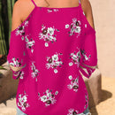 EMERY ROSE Patron floral aleatorio - Camisa casual para mujer con hombros descubiertos y mangas cortas con tiras finas empalmadas de malla para verano