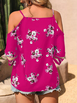 EMERY ROSE Patron floral aleatorio - Camisa casual para mujer con hombros descubiertos y mangas cortas con tiras finas empalmadas de malla para verano