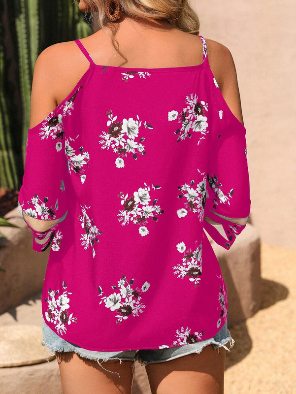 EMERY ROSE Patron floral aleatorio - Camisa casual para mujer con hombros descubiertos y mangas cortas con tiras finas empalmadas de malla para verano