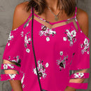 EMERY ROSE Patron floral aleatorio - Camisa casual para mujer con hombros descubiertos y mangas cortas con tiras finas empalmadas de malla para verano